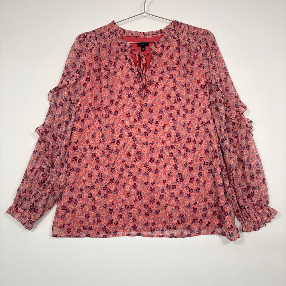 Talbots Womens Blouse XL Pink Floral Ruffle TieNeck LongSleeve Lined Top Peasant
